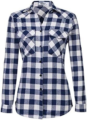 Womens Flannel Shirt Tartan Gingham Checkered Long Sleeve Button Down Plaid Shirt