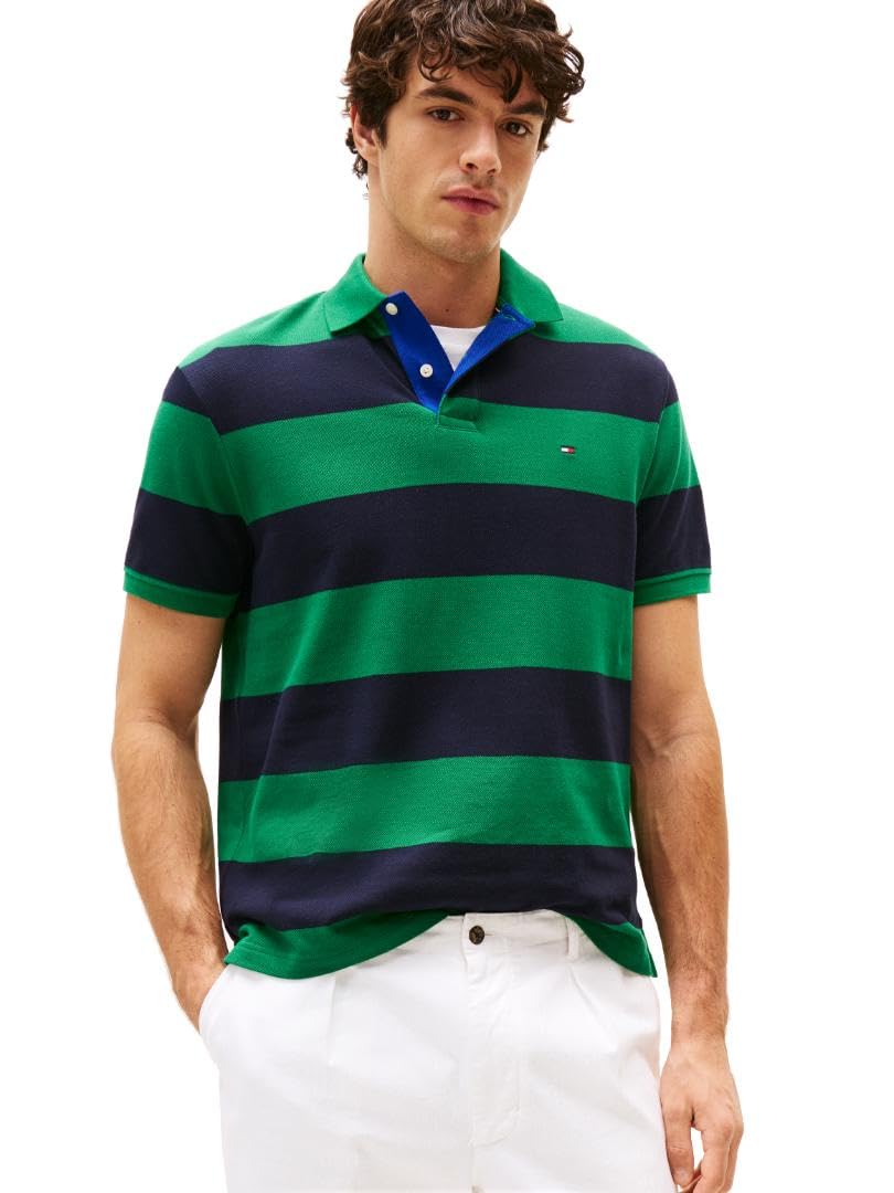 Tommy Hilfiger Men’s Contrast Stripe Regular Short Sleeve Polo, Nouveau Green/Desert Sky Medium