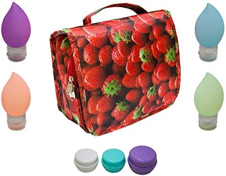 Hanging Toiletry Travel Kit | Oranizer Bag with 3oz Silicone Bottles and Cream Containers (Strawberry)