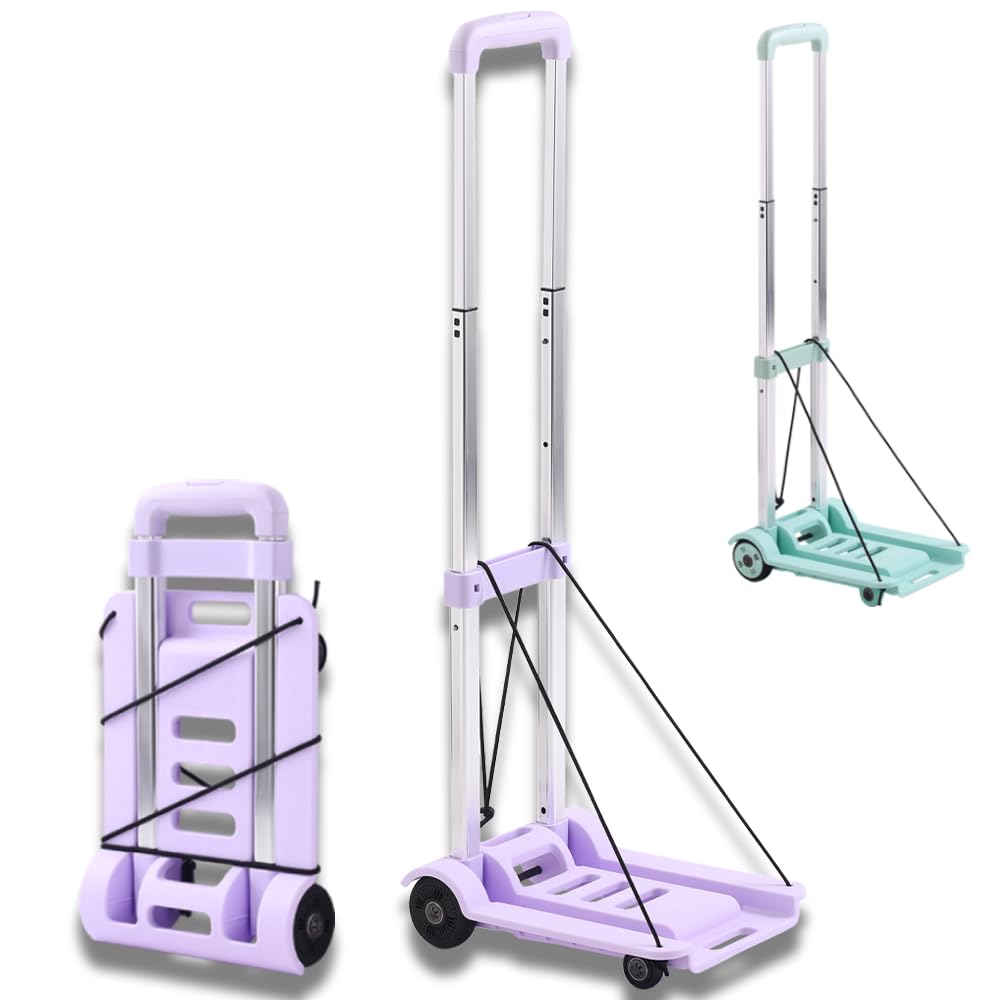 Travel Cart with Wheels, Folding Hand Truck, Aluminum Small Carrying Cart for Hand Luggage, Backpack Mini Trolley Loadable 222lbs Gift Purple