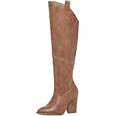 Jiemifu Cowboy Boots for Women Knee High Red Western Cowgirl Boots Chunky Heel Pointed Toe Side Zipper Tall Boot for Women Ladies (Brown)