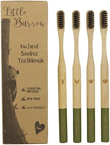 NEW NATURAL BAMBOO CHARCOAL INFUSED TOOTHBRUSH – Eco friendly, 100% biodegradable packaging, Charcoal infused bristles, BPA Free, Individually numbered (Pack of 4) by Little Burrow