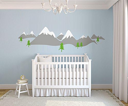 Designer Playground Snow Mountain Scandinavian Style Vinyl Wall Decal (110W X 34H Inches ) M053 - White, Grey, Green