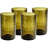 IWAS Upcycled Small Honeycomb Textured Drinking Glasses, Tall, 13.53 OZ / 400 ML, Set of 4 Olive Green Glasses, Handcrafted Sustainable Glassware