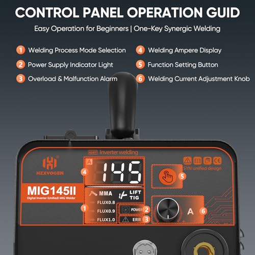 H HZXVOGEN 145A MIG Welder, 240V Gasless MIG Welder Welding Machine, 3-in-1 Flux Core MIG/ARC/Lift TIG, Synergic Control, IGBT Inverter, LED Display, MIG145II