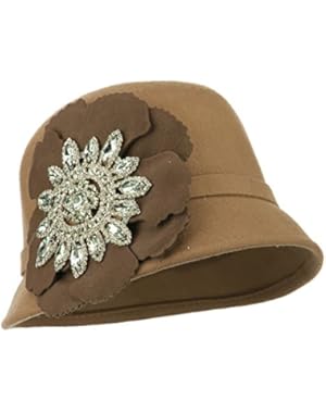 Women's Wool Felt Cloche with Rhinestone Flower - Camel