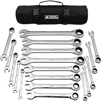 18pc MM/Metric TIGHTSPOT Ratcheting Wrenches MASTER SET - With BEAR KEEPER Rollup Case - Our standard in safety for combination wrench sets from gear to tip