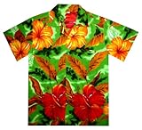 Funky Hawaiian Shirt For Men Short Sleeve Front-Pocket Big Flower Green