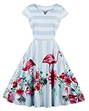 Wellwits Women's Notched Flamingo Stripes Cap Sleeves Vintage Party Dress