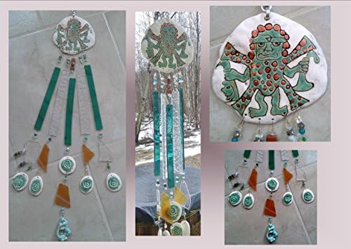 Turquoise Incan Pottery Glass Wind Chime Moche Decapitator God Ceramic Clay Mobile