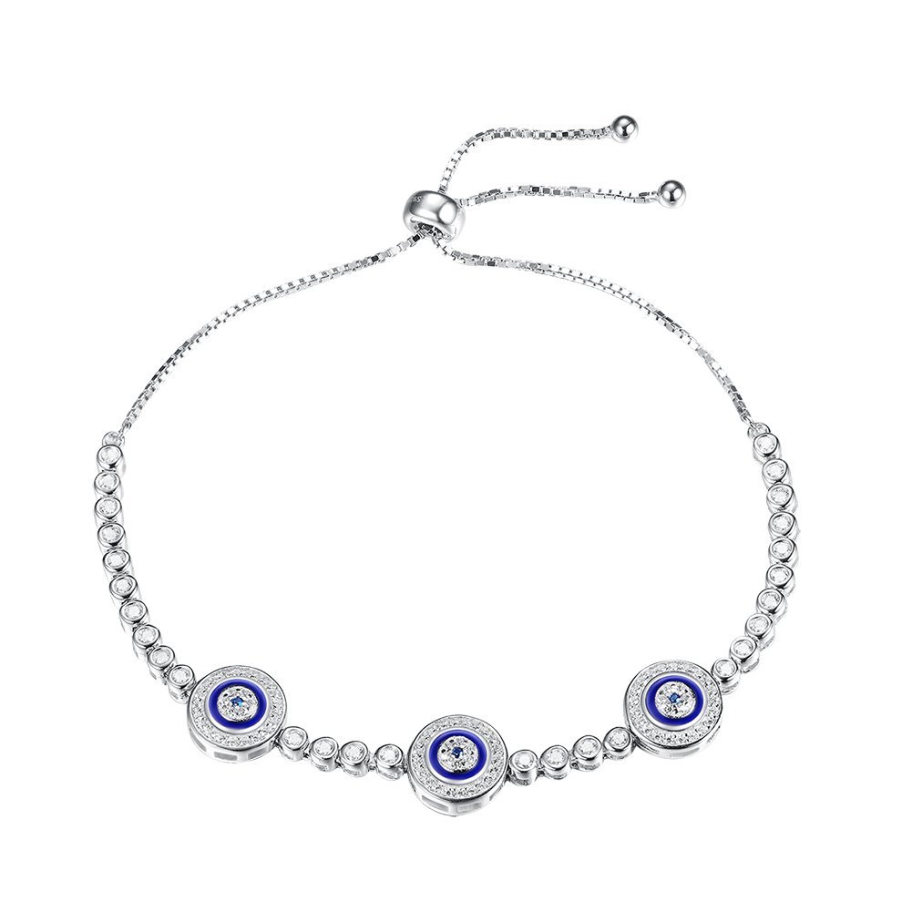 Blue Evil Eye Hamsa Tennis Bracelet Sterling Silver 925 White Cubic Zirconia Adjustable 10 inches Box Chain