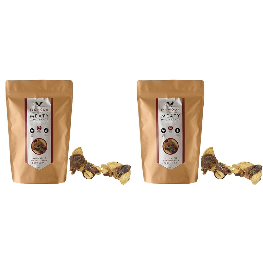 Elkwood Healthy Dog Treats - Low Fat, High Protein, High in Fibre Natural Dog Treats - Duck Jerky Wrapped in Apple Bitsized Training Treats, Multi (Pack of 2)
