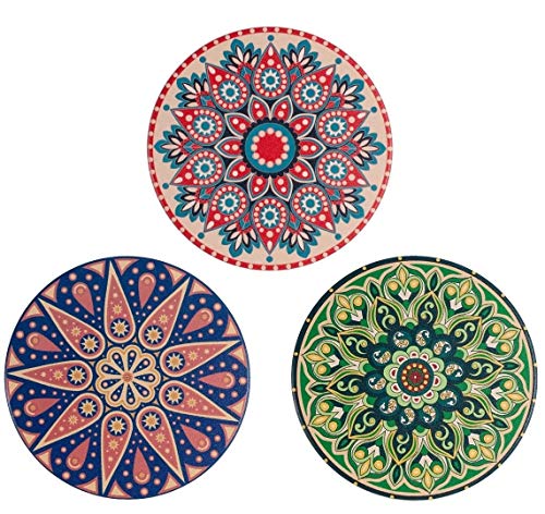 Ceramic Stone Mandala Style Absorbent Coasters For Drinks | 6 Pack with 3 Unique COLORFUL Designs | Cork Base Scratch Protection for your Drink | Indoor and Outdoor | 4.3 inch BRAND NEW