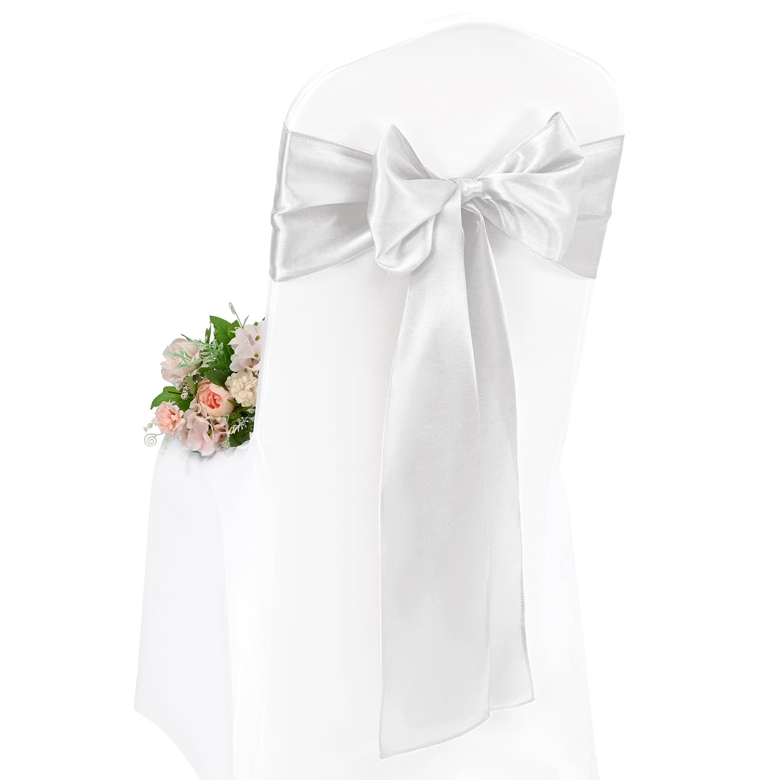 Pesonlook 50 Pcs Silver Chair Sashes, Satin Chair Cover Bands 7X108 Inch Chair Sashes Bow Back Tie Ribbon For Wedding Party Hotel Decorations (17X275 CM)