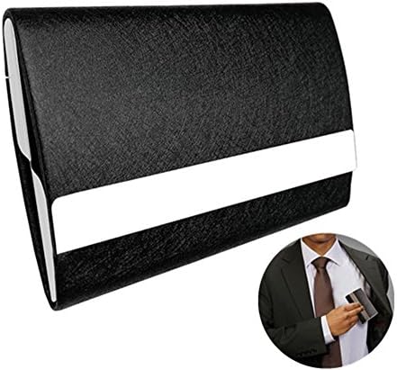 Leather Business Card Holder Business Card Case Stainless Steel Card Holder Credit Card Holder with Magnetic Shut Holds 25-30 Business Cards Men or Women Name Card Holder Case, Larger Capacity black