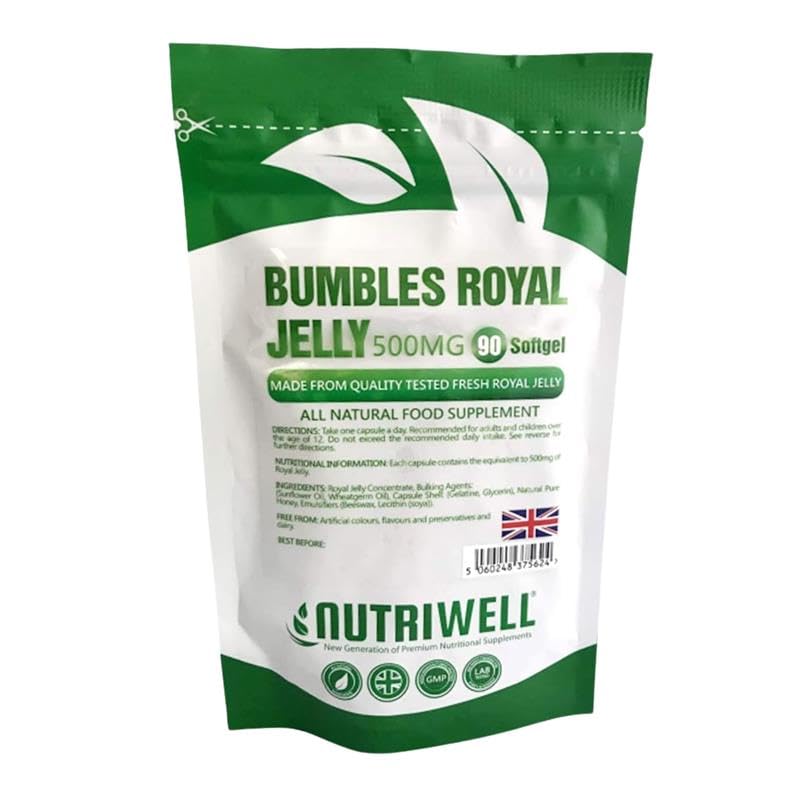 Bumbles Royal Gellee - 90 High Strength 500mg Royal Jelly Softgel Capsules to Support Immune System and Boost Energy, for Healthy Hair & Skin, Made in The UK by Nutri Well