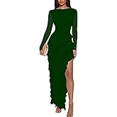HOCILLE Women's Sexy Boat Neck Bodycon Maxi Dresses Long Sleeve High Slit Ruffle Cocktail Party Dress