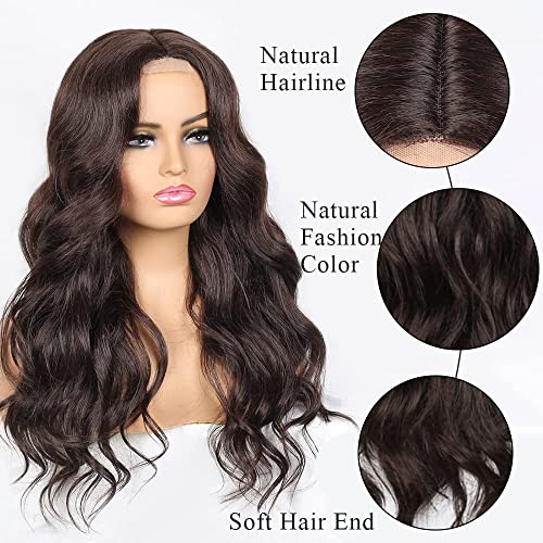 Long Brown Wavy Wig for Women Middle Parting Synthetic Wavy Hair Wigs Long Brown Wig Heat Resistant Hair for Cosplay Daily Party Use (26 Inch, Brown)