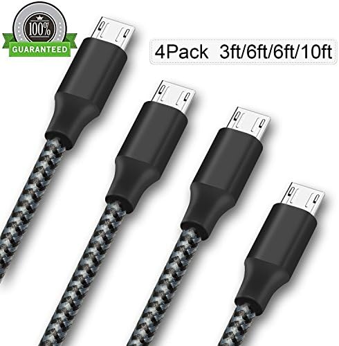 ONSON Micro USB Cable,4Pack 3FT 2x6FT 10FT Long Premium Nylon Braided Android Charger USB to Micro USB Charging Cable Samsung Charger Cord for Samsung Galaxy S7 Edge/S7/S6/S4/S3,Note 5/4/3-Black