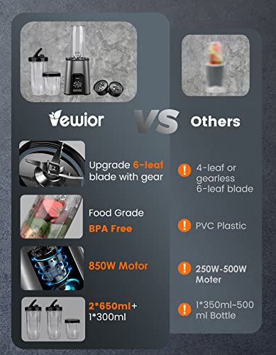 VEWIOR 850W Smoothie Bullet Blender for Shakes and Smoothies, 12 Pieces Personal Blenders for Kitchen with 6 Fins Blender Blade, Smoothie Blender with 2 * 23 oz To-Go Cups BPA Free