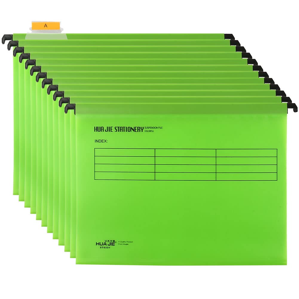 A4 Suspension Files with Tabs and Card Inserts for Filing Cabinets, Polypropylene A4 Hanging Filing Storage Folders Interior Folders for Office Home School (Green, Pack of 12)