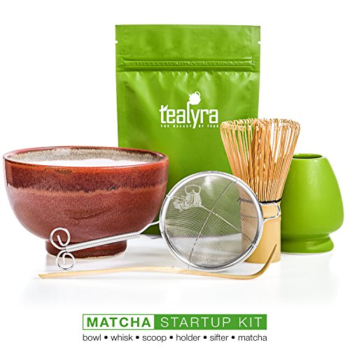 Tealyra - Matcha Tea Ceremony Start Up Kit - Complete Matcha Green Tea Gift Set - Premium Matcha Powder - Japanese Made Red Bowl - Bamboo Whisk and Scoop - Holder - Sifter - Gift Box