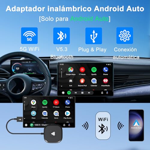 LXJADAP Android Auto Inalambrico Adaptador, Adaptador Android Auto inalambrico con 5GHz WiFi, Admite Actualización en Línea, para OEM Wired Android Auto Modelo, Plug and Play