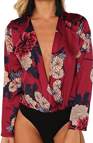 Missmister Womens Ladies Floral Print Satin Bodysuit Tuxedo Wrap Over Shirt Blouse Top - Prints: Floral - Chain Leotard - Baroque Scarf - Polka Dots