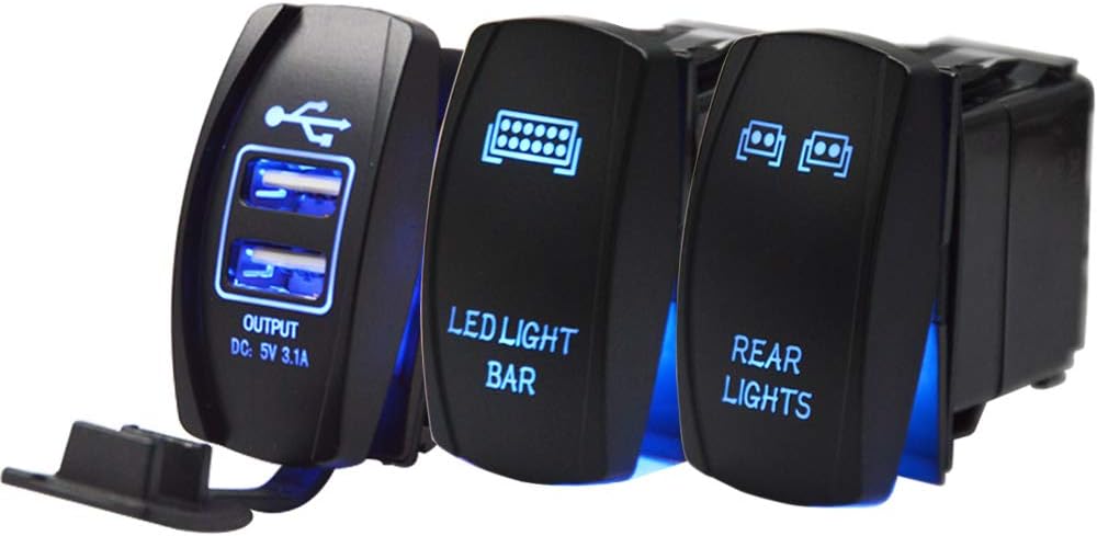 Dasen Blue Rocker Switchs 3PCS Rear & LED Light bar & Universal Dual USB Power Charger for UTV Polaris RZR Boat Yamaha Viking Can-AM Maverick,etc.
