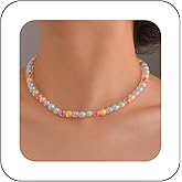 Vacaonio Vintage Colorful Seed Bead Choker Necklace Rainbow Glass Bead Necklace Candy Bead Necklace Rice Bead Chain Necklace Summer Beach Necklace Chain Jewelry for Women