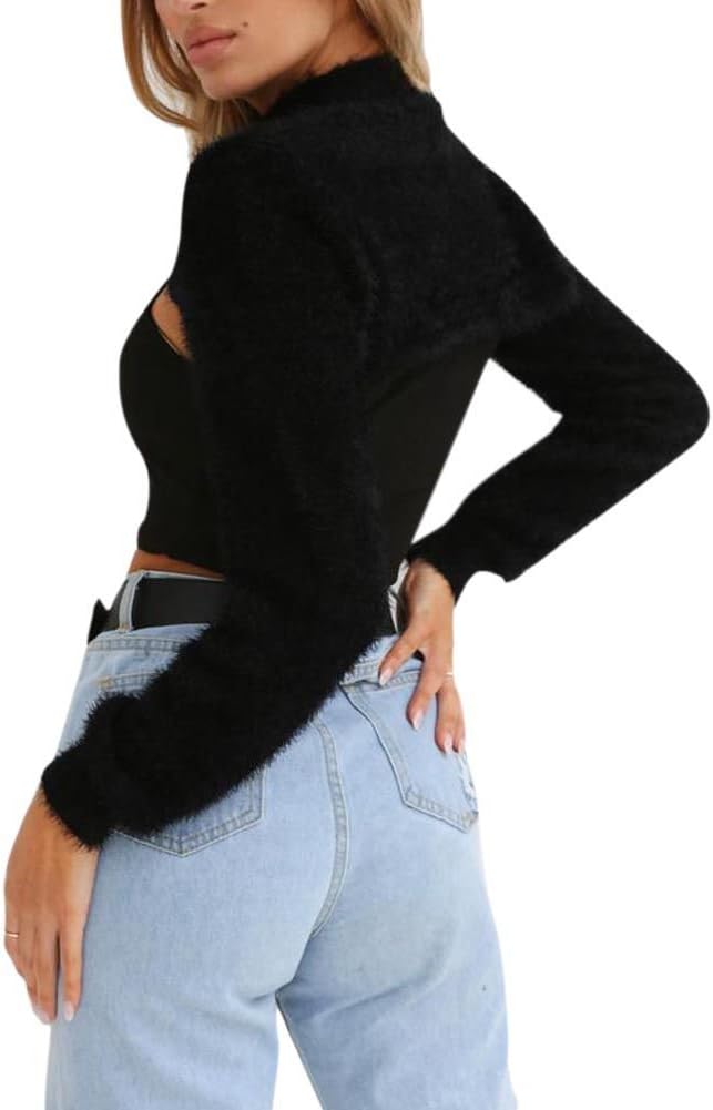 Hankyky Women's Sexy Long Sleeve Mock Neck Crop Tops Pullover Fluffy Sweaters(S-XL)