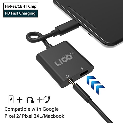 Pixel 2 Type C Headphone Adapter, Liootech USB C to 3.5mm Cable – 2 in 1 Audio Charge Jack with Chip Compatible Pixel 2/2 XL, HTC, Huawei and Other Type C Devices