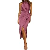 Halfisland Women’s Summer Satin High Neck Sleeveless Wrap Dress Elegant Mock Neck Tie Waist Cocktail Formal Dresses