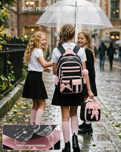Amythe 3 Piece Primary Girl's Backpack School Bag Set with Lunch Bags and Pencil Case, School Bag for Girls 8-15 Years, Black