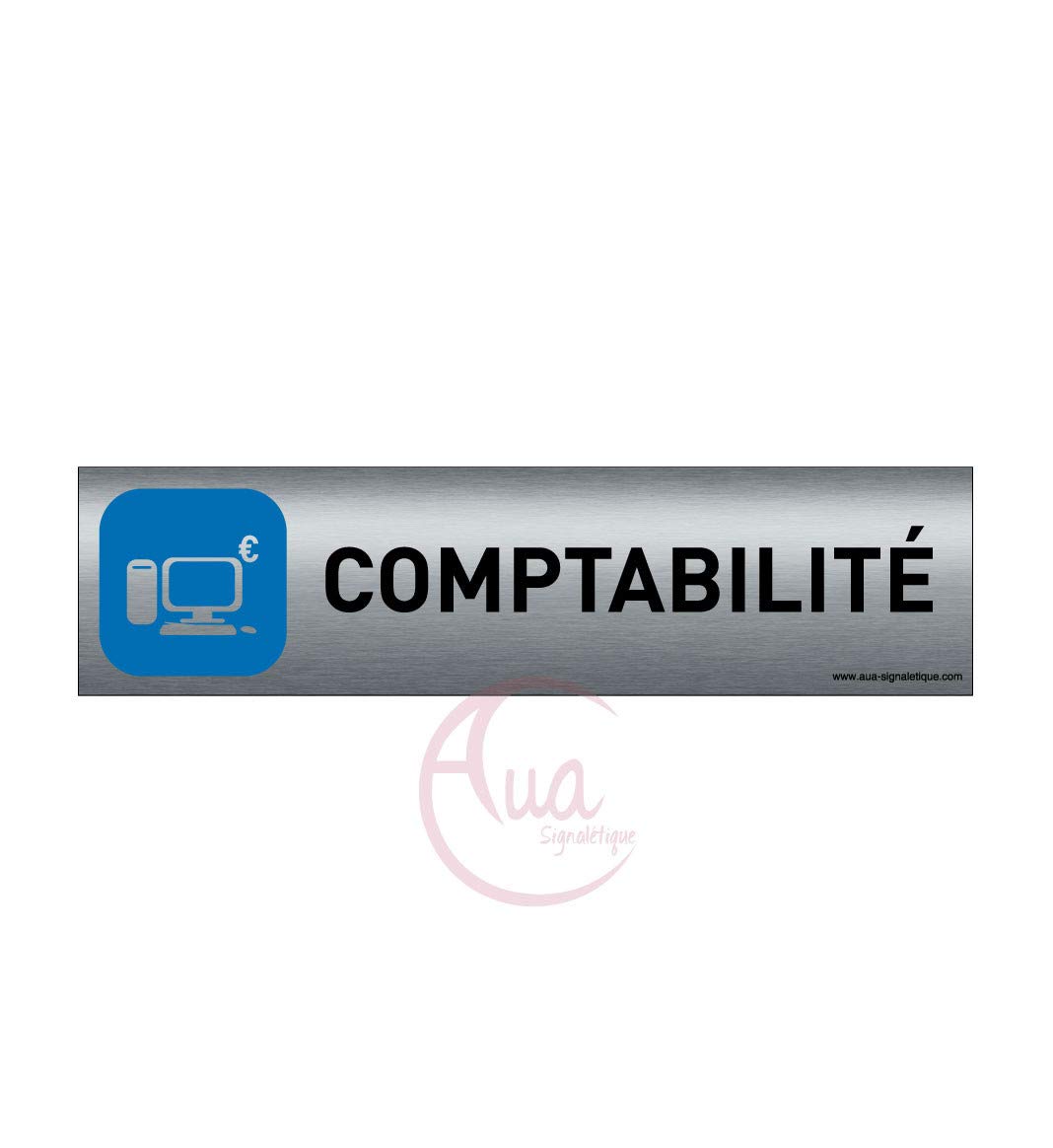 AUA SIGNALETIQUE - Plaque de porte Aluminium brossé imprimé AluSign - 200x50 mm - Double Face adhésif au dos - Impression UV directement sur l'aluminium (Pas de contre collage) (Comptabilité)