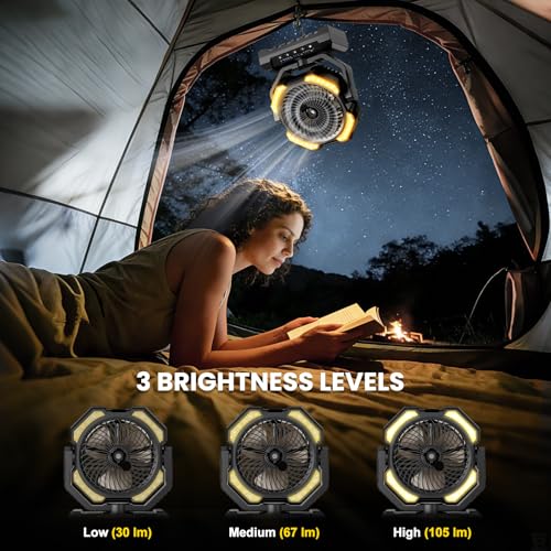 Ateroll 20000 mAh Battery Camping Fan with Mist, USB Fan Battery with Remote Control, LED, Hanging Hook, Table Fan for Tent, Outdoor, Home, Patio, Travel