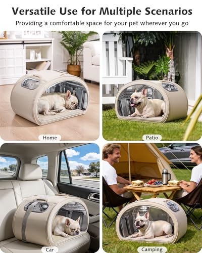 Pecute Casa Refrigerante para Gatos y Perros Pequeños, Caseta Fresca con 6 Cajas de Gel Reutilizables, Alfombrilla Refrigerante, Ventana Transparente Plegable, Tamaño L <8kg para Interior, Beige.