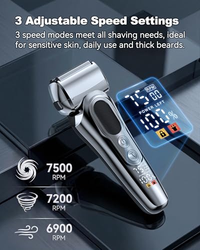 Foil Shaver with Floating Blade, Cordless Rechargeable Electric Shaver for Men, 7500Rpm Wet & Dry Gear Electric Razor, 100% Waterproof, Up to 100 min, Smart LCD, Travel Lock (Silver)