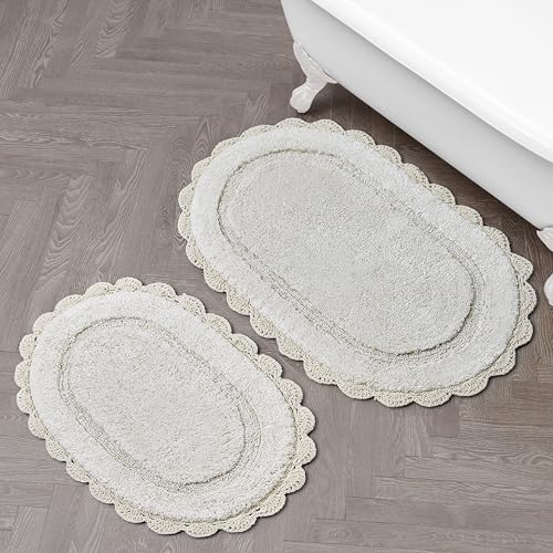 Laura Ashley Eloise 100% Cotton Oval Bath Mat 2-Piece Set with Crochet Border, Soft & Absorbent, Sandshell Beige 17" x 24"/20" x 32" Bathroom Rugs at Amazon