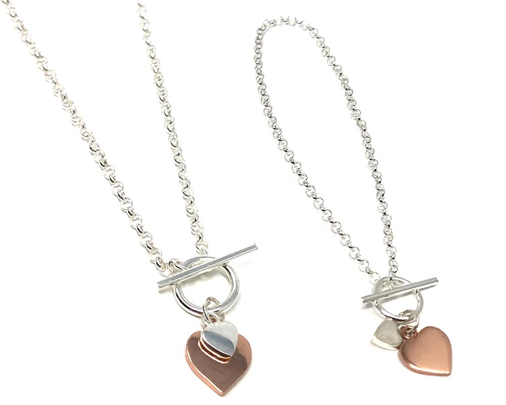 Strictly Gifts Sterling Silver and Rose Gold Plated Double Heart T Bar Necklace with Matching Bracelet Set