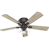 Hunter 52 inch Indoor Ceiling Fan with LED Lights and Pull Chain - Low Profile Mount Bronze Ceiling Fan, 5 Blades, For Bedroo