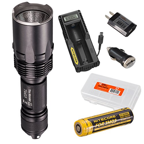 NiteCore TM03 2800 Lumens Super Bright Cree XHP70 LED Flashlight w/ dedicated IMR 18650 Rechargeable Battery, Nitecore UM10 Charger, AC & Car USB Adapters and LumenTac Battery Organizer