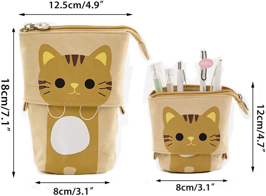 Kaxich Stand Pencil Case Holder Canvas Cute Cartoon Cat Pencil Pouch Bag Makeup Bag Stand Stationery Organizer with Zipper Closure - Image 3