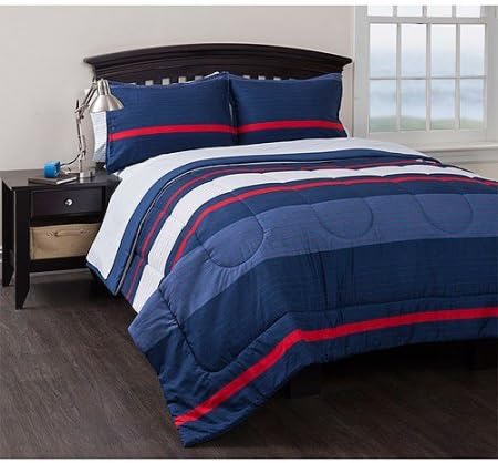 American Original Coastal Stripe Reversible Complete Bedding Set Blue Bed in a Bag (Twin)