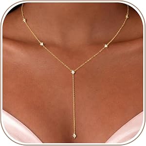 Feskive Long Necklaces for Women,Dainty Gold Drop Necklace 14K Gold/Silver Plated Y-Shaped Lariat Necklace Cute Four Leaf Clo
