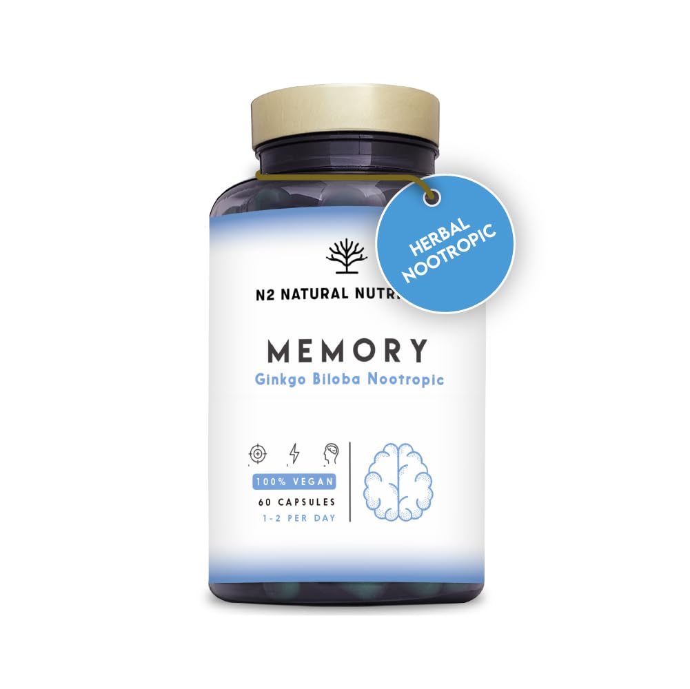 Nootropics Cognitive Enhancer Brain Booster. Coffee, Ginko Biloba, Bacopa, Vitamins. Nootropic Supplement for Mental Performance, Focus Better Mood UK Vegan Certified 60 Capsules N2 Natural Nutrition