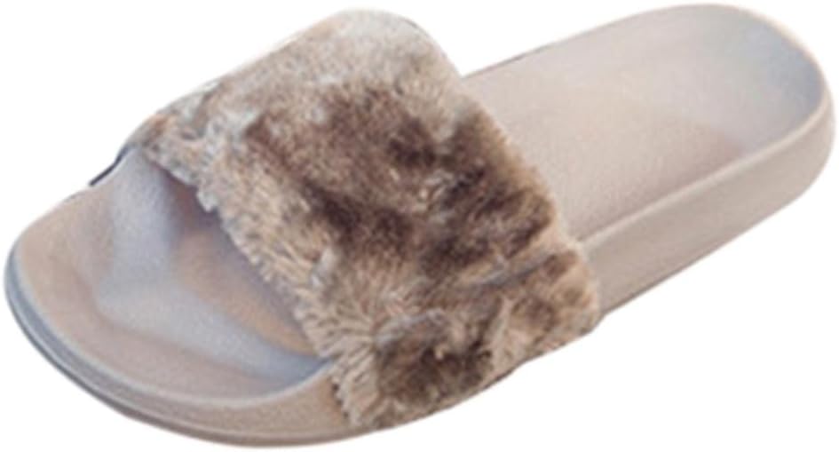 Womens Ladies Slip On Sliders Fluffy Faux Fur Flat Slipper Flip Flop Sandal