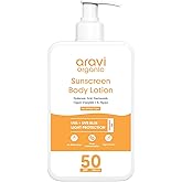 Aravi Organic Oil-Free Sunscreen Body Lotion SPF 50 PA++++ | (In-Vivo) Dermatologically Tested | Lightweight & No White Cast | UVA/UVB & Blue Light Protection | Niacinamide & Hyaluronic Acid | 200ml