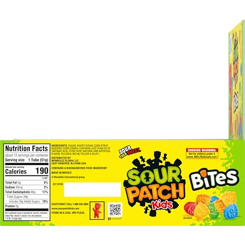 SOUR PATCH KIDS BITES SOFT & CHEWY GUMMY CANDY, BULK CANDY, 12-1.8 OZ TUBES
