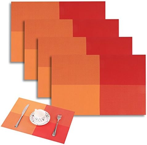 Yumin Plastic Dining Room Place Mats Stain-resistant Table Mats Woven Vinyl Placemats for Dining Table Set of 4(Orange)